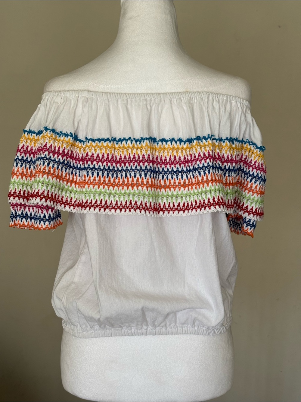 Off-Shoulder White Crop Top with Multicolor Crochet Trim